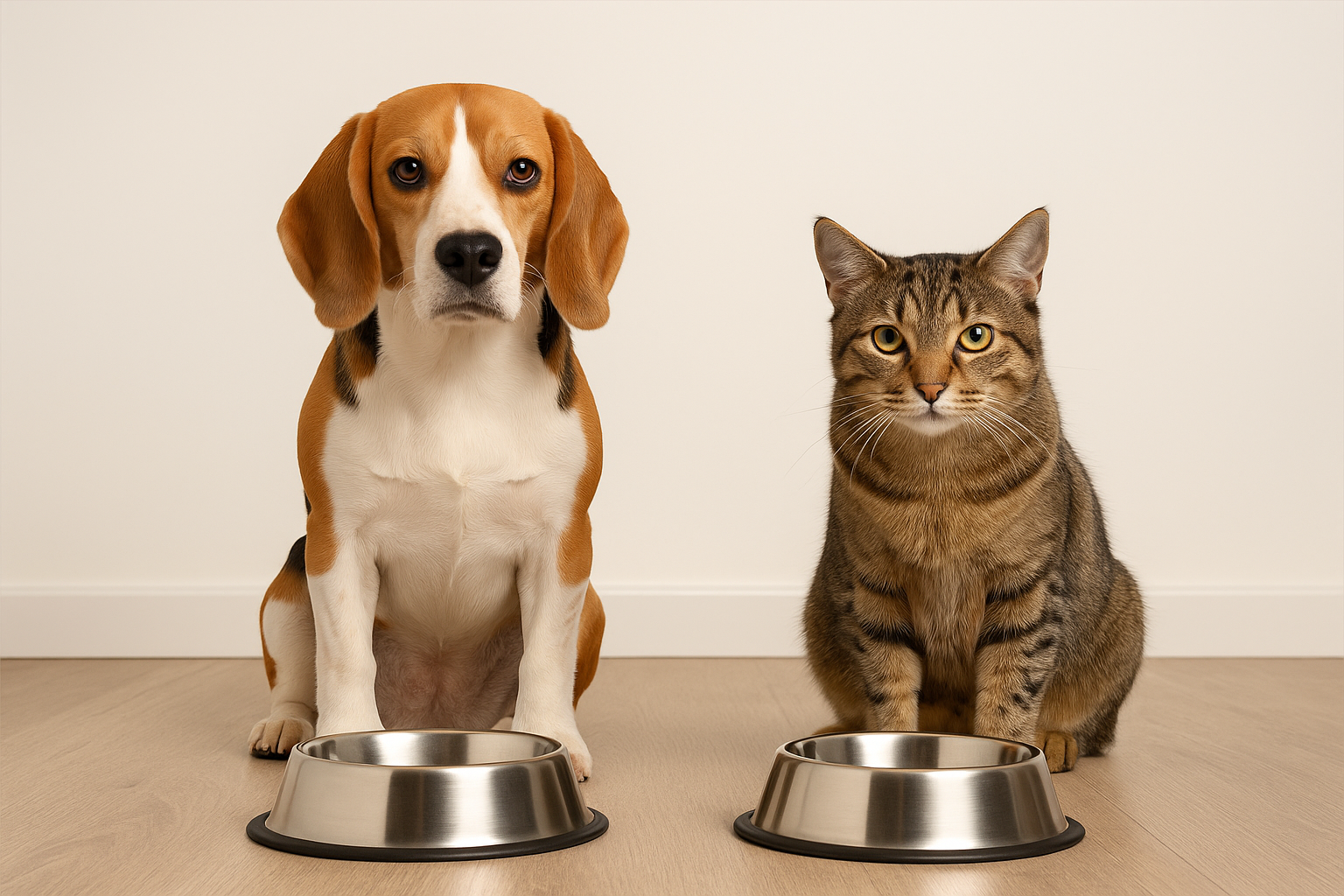 Cão e gato próximos a tigelas de comida, simbolizando a importância dos cuidados com a alimentação dos pets.