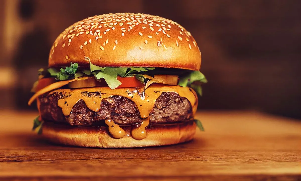 Hambúrguer artesanal com queijo derretido, alface, tomate e pão brioche