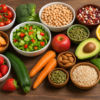 Mesa de madeira com alimentos saudáveis variados, incluindo frutas, legumes, verduras, grãos, sementes e oleaginosas, dispostos de forma colorida e organizada.