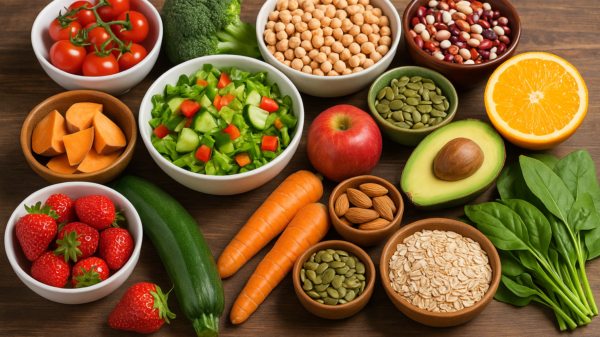Mesa de madeira com alimentos saudáveis variados, incluindo frutas, legumes, verduras, grãos, sementes e oleaginosas, dispostos de forma colorida e organizada.