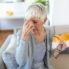 Mulher na menopausa com crise de enxaqueca, segurando a cabeça devido à dor intensa.