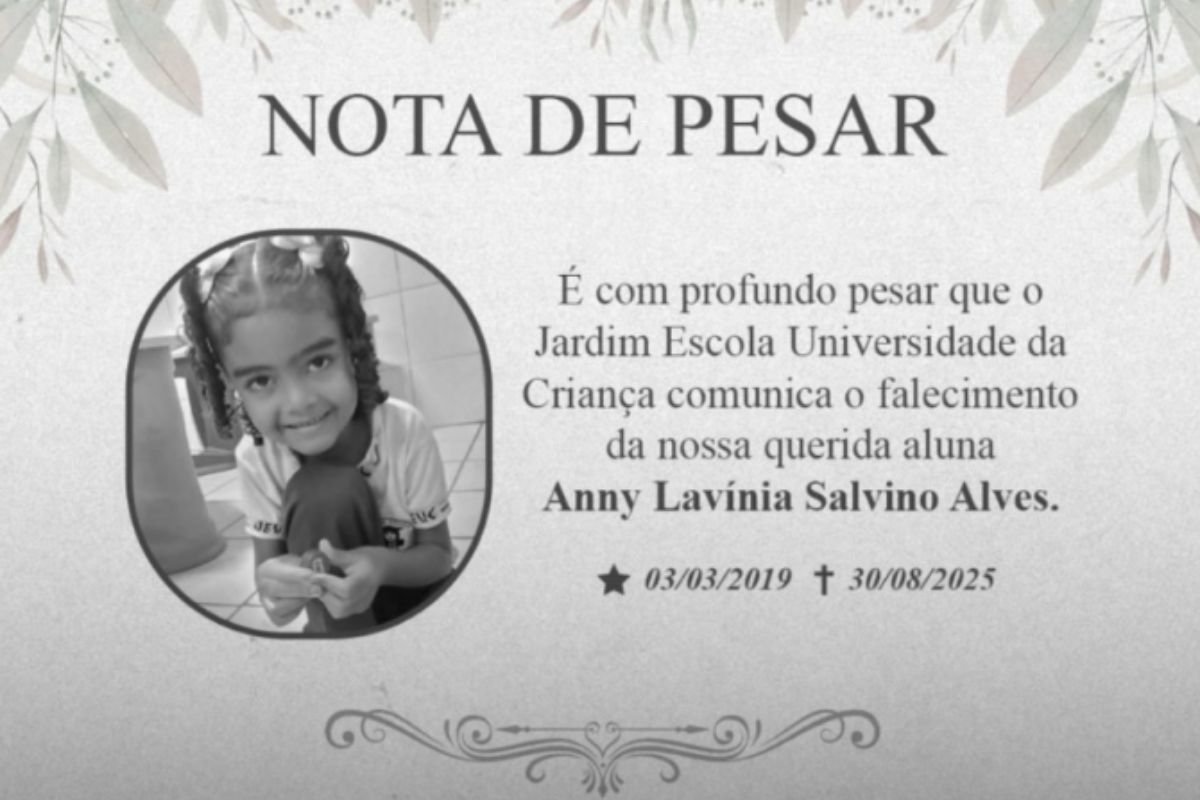 Anny Lavínia, de 6 anos, morreu após três dias internada. Ela foi baleada junto ao pai, que morreu no local, em atentado na Zona Norte de Natal.