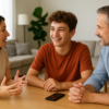 Adolescente sorridente sentado à mesa conversando com os pais em casa, com celular ao lado.