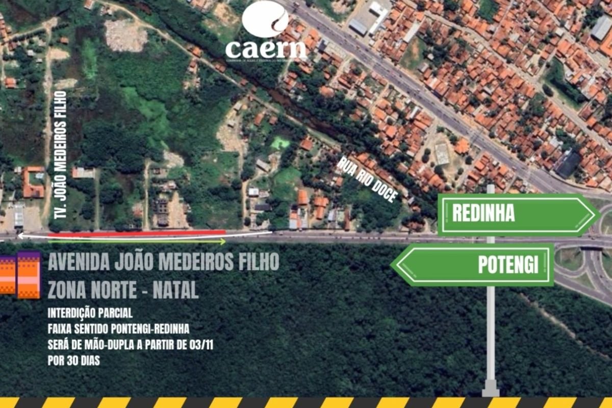 Caern fará interdição parcial na Avenida João Medeiros Filho para instalação de rede de esgoto; obra terá duração de 30 dias.