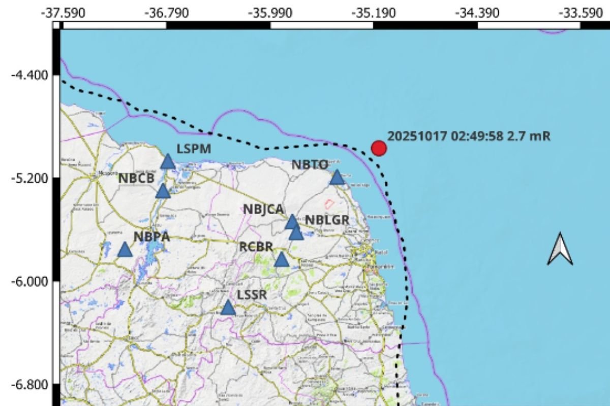 Laboratório Sismológico da UFRN registra tremor de terra de magnitude 2,7 a 42 km de Touros (RN), sem relatos de moradores que sentiram o evento.