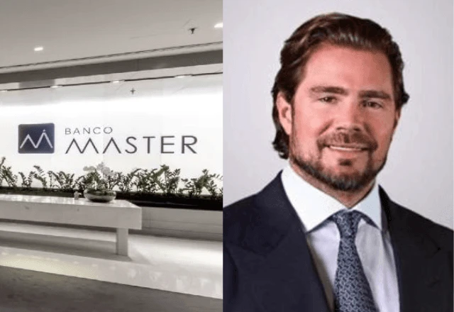 Foto: de Daniel Bueno Vorcaro e ao lado foto do Banco Master