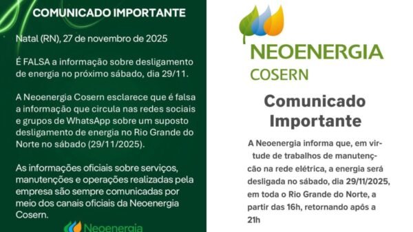 Neoenergia Cosern nega boato sobre desligamento de energia no sábado e reforça que informações oficiais são divulgadas apenas pelos canais da empresa.