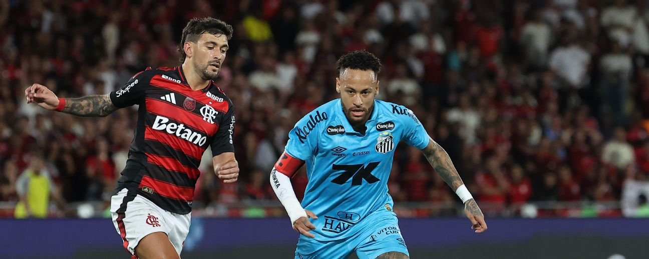 Jogo do Flamengo X Santos, na foto, Neymar aparece sendo marcado pro Arrascaeta