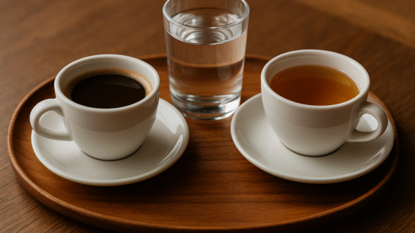 Bandeija de madeira com café, água e chá.