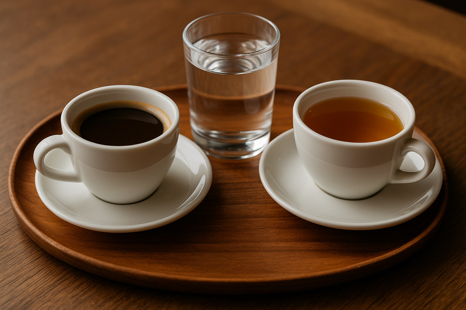 Bandeija de madeira com café, água e chá.