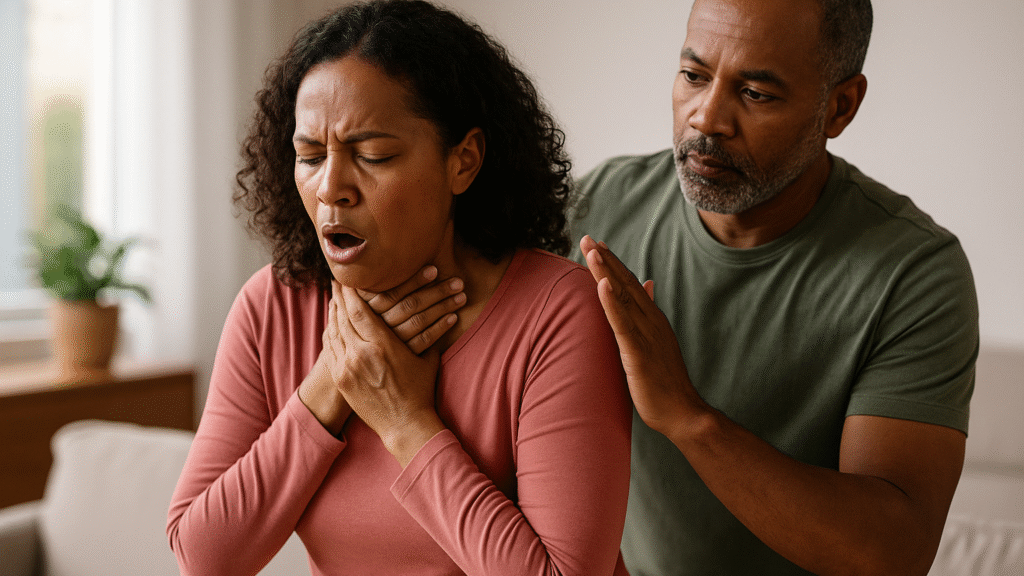 Homem presta primeiros socorros aplicando batidas nas costas de uma mulher engasgada em sala de estar, ilustrando o novo protocolo de desengasgo.