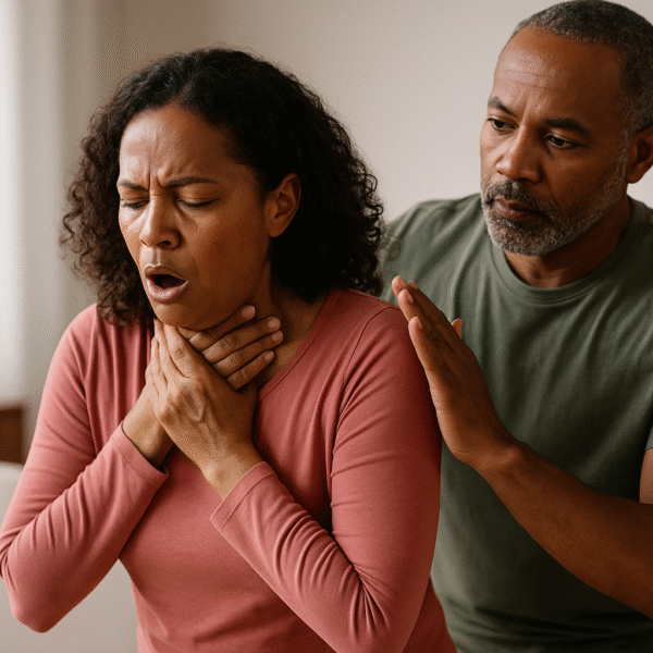 Homem presta primeiros socorros aplicando batidas nas costas de uma mulher engasgada em sala de estar, ilustrando o novo protocolo de desengasgo.