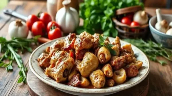 miudos de frango numa mesa com temperos espalhados ao redor do prato.