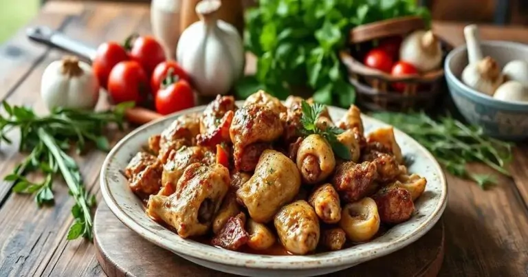 miudos de frango numa mesa com temperos espalhados ao redor do prato.