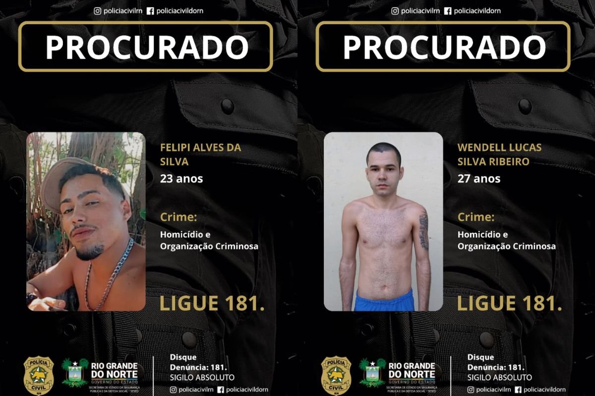 A Polícia Civil identificou quatro suspeitos de sequestro no RN que terminou em morte. Dois foram presos e dois continuam foragidos. Buscas seguem em andamento.