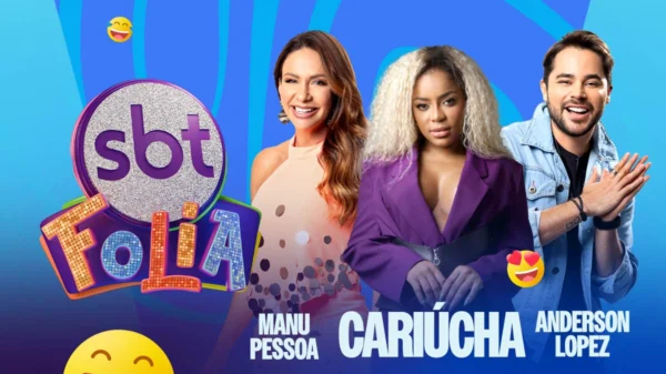 Apresentadores Manu Pessoa, Cariúcha e Anderson Lopes na transmissão do Carnatal 2025 pela TV Ponta Negra SBT