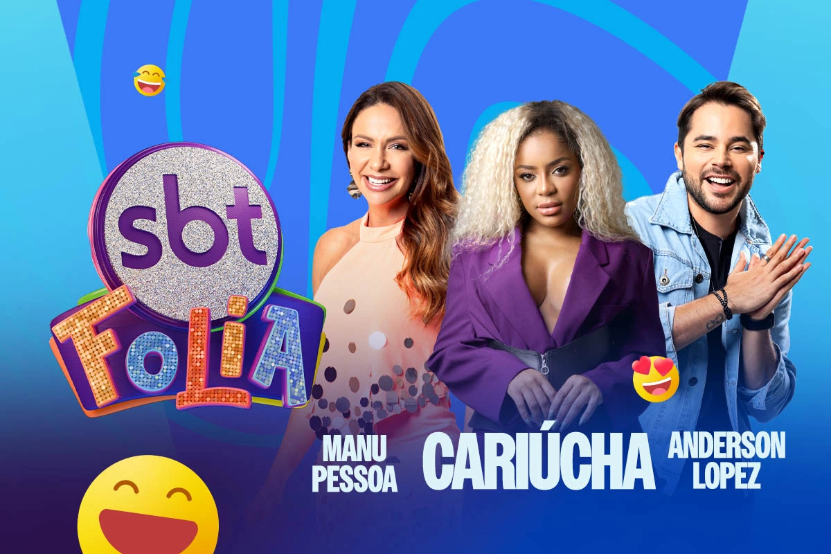 Apresentadores Manu Pessoa, Cariúcha e Anderson Lopes na transmissão do Carnatal 2025 pela TV Ponta Negra SBT