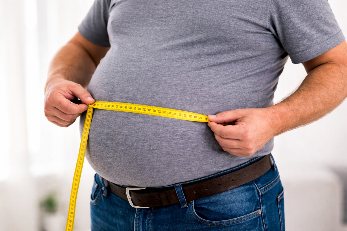 Homem com barriga de chope mede circunferência abdominal com fita métrica, indicando risco para a saúde do coração