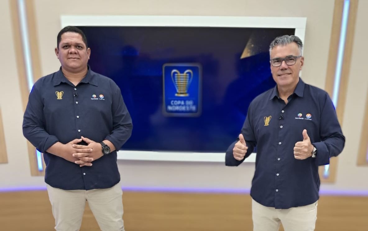 Copa do Nordeste 2026 terá transmissão da TV Ponta Negra no Rio Grande do Norte. Fábio Pacheco e Welder Lima no estúdio transmitindo a Copa do Nordeste.