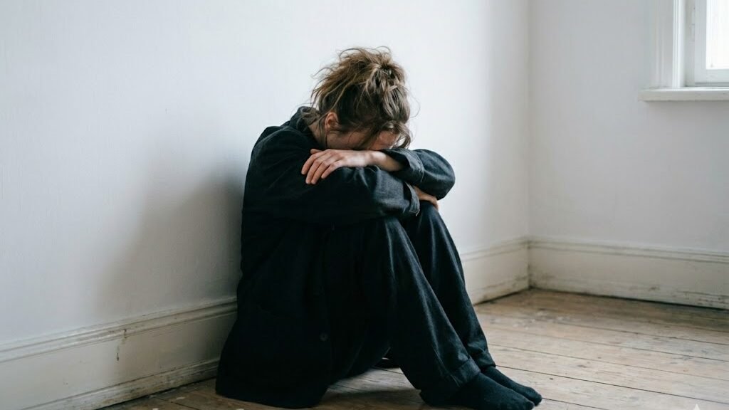 Mulher sentada no chão de pijama preto, com o rrosto encostado nas pernas.