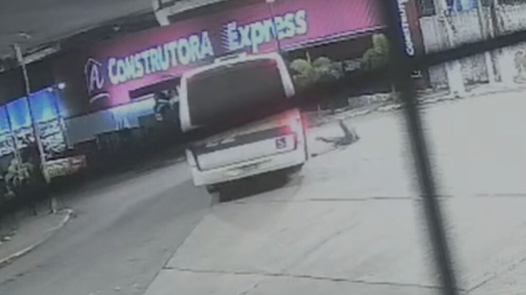 Imagem de micro-ônibus em movimento e passageira no chão