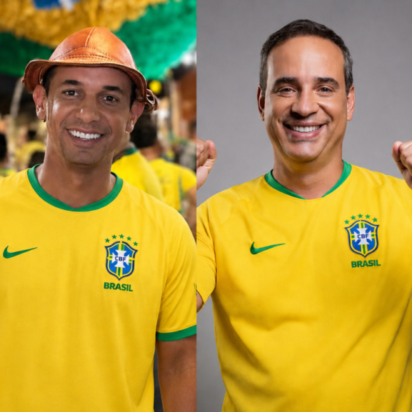 Cadu de Lula e Allysson com blusas amarelas do Brasil.
