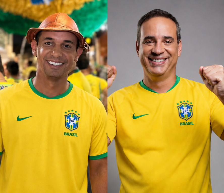 Cadu de Lula e Allysson com blusas amarelas do Brasil.