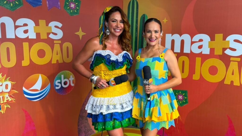 Priscilla de Sousa e Manu durante a cobertura do Pingo da Mei Dia 2026 realizada pela TV Ponta Negra em Mossoró.