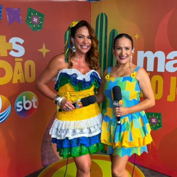 Priscilla de Sousa e Manu durante a cobertura do Pingo da Mei Dia 2026 realizada pela TV Ponta Negra em Mossoró.