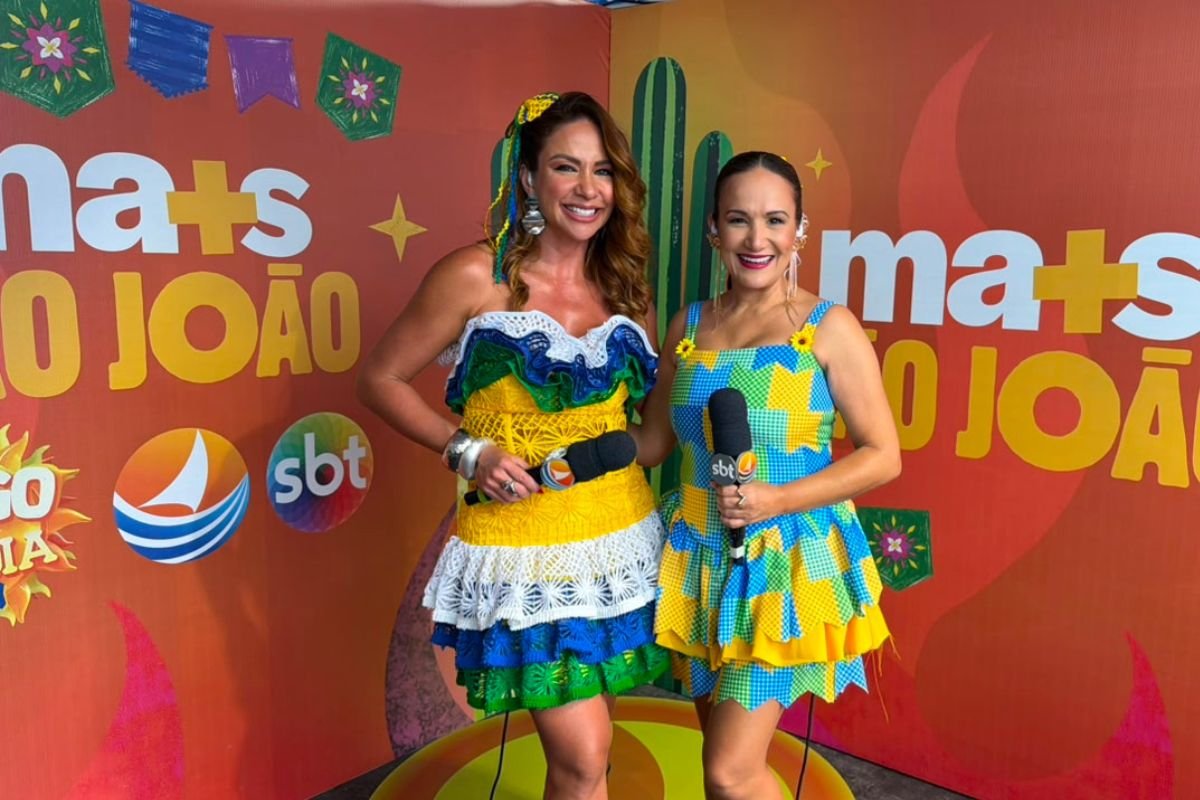Priscilla de Sousa e Manu durante a cobertura do Pingo da Mei Dia 2026 realizada pela TV Ponta Negra em Mossoró.