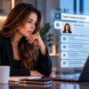 Mulher pesquisa o nome fictício Maria da Silva em uma ferramenta de inteligência artificial para avaliar sua reputação e autoridade digital.