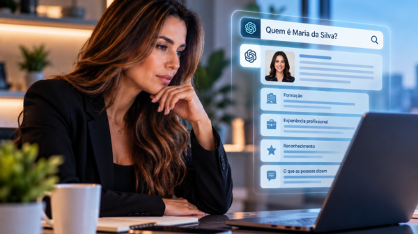 Mulher pesquisa o nome fictício Maria da Silva em uma ferramenta de inteligência artificial para avaliar sua reputação e autoridade digital.
