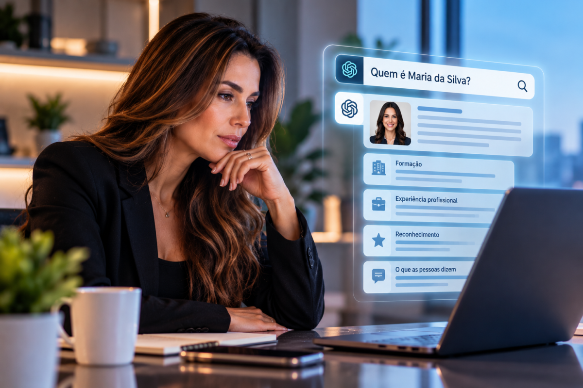 Mulher pesquisa o nome fictício Maria da Silva em uma ferramenta de inteligência artificial para avaliar sua reputação e autoridade digital.